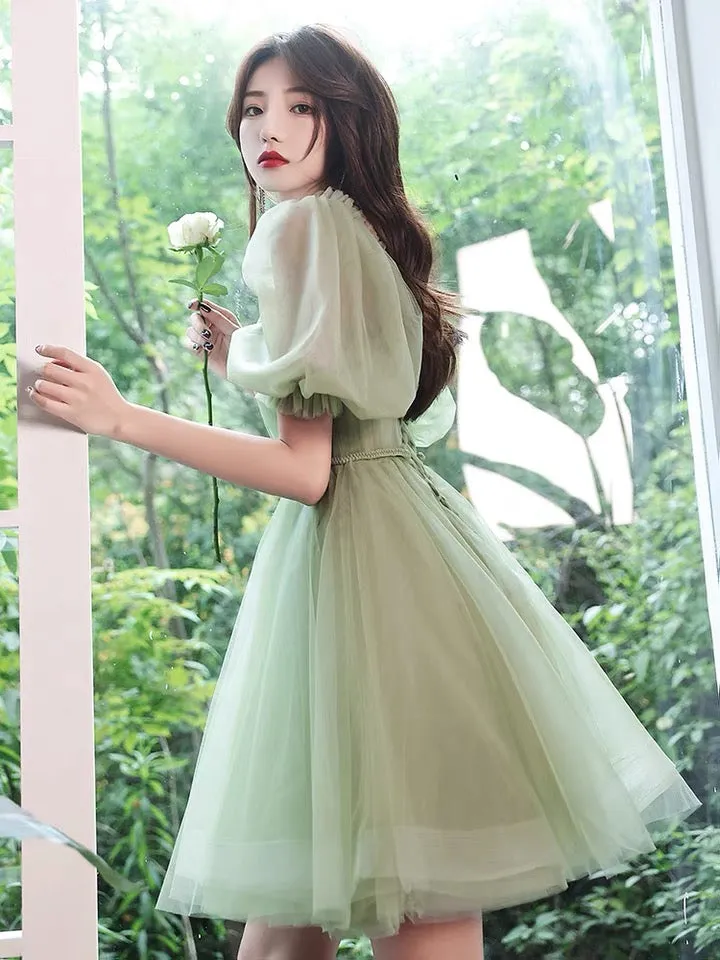 Lovely Green Short Tulle Off Shoulder Party Dress, Green Homecoming Dress Formal Dress