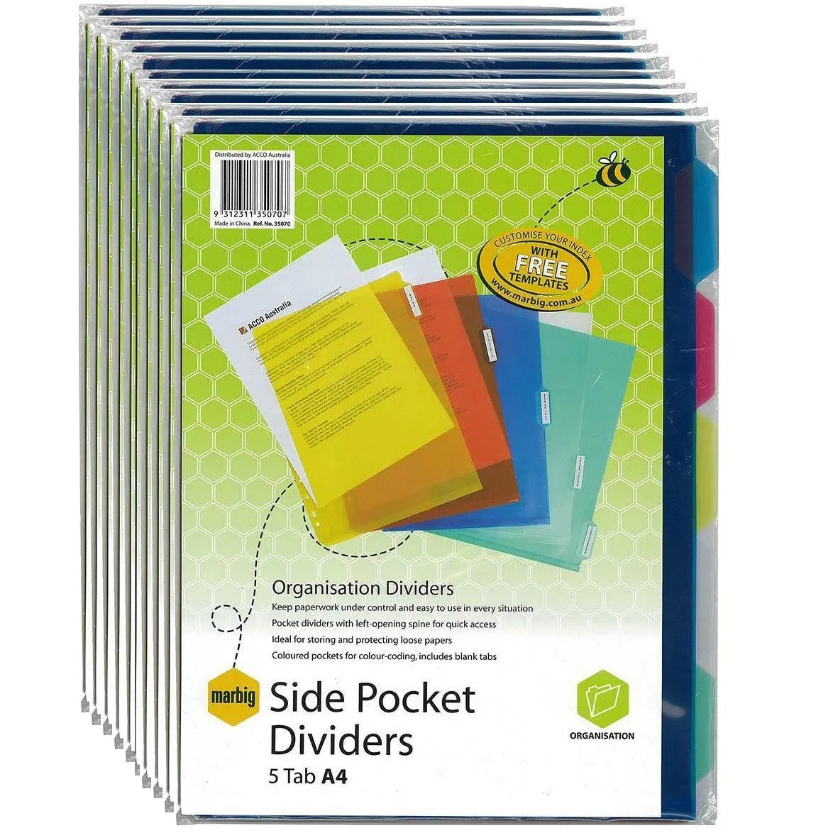 Marbig Divider Side Pocket Pp 5-Tab A4 Assorted Pack of 10