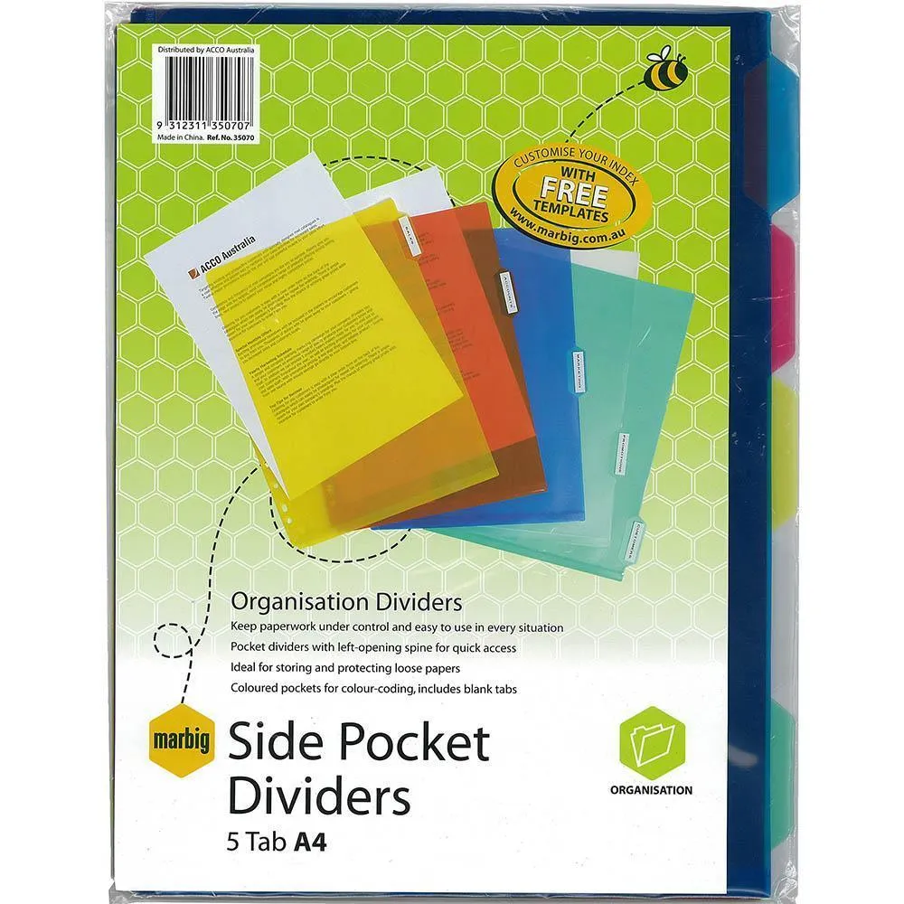 Marbig Divider Side Pocket Pp 5-Tab A4 Assorted Pack of 10