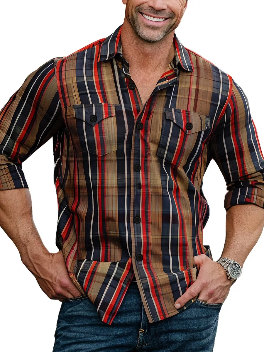 Men's Outdoor Vintage Stripe Print Two Pocket Long Sleeve Shirt