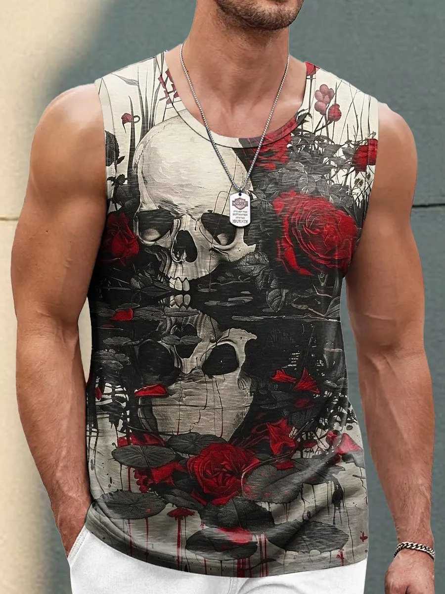 Men's Vintage Dark Skull Print Crew Neck Tank Top