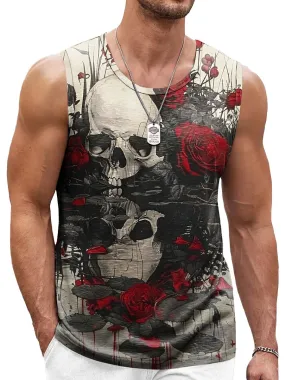 Men's Vintage Dark Skull Print Crew Neck Tank Top