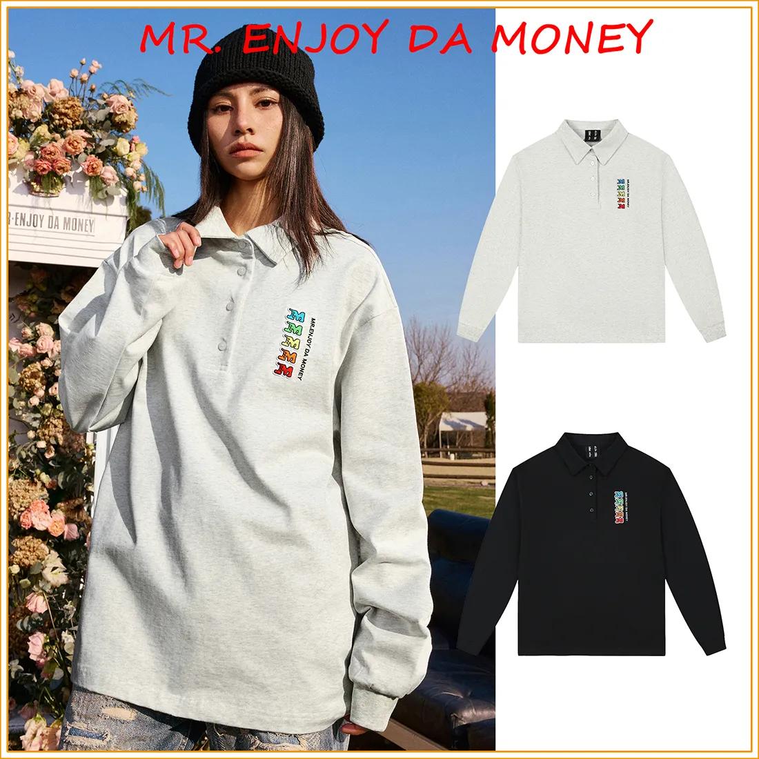 MR. ENJOY DA MONEY  |Unisex Street Style Long Sleeves Cotton Logo Polos