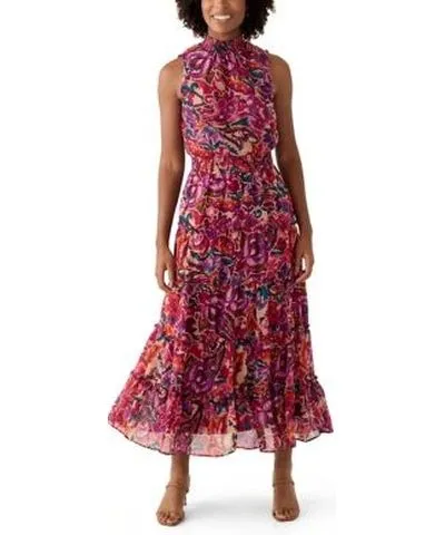 MSK Women's Sleeveless Mock Neck Paisley Print Belted Chiffon Midi Fit and Flare Dress