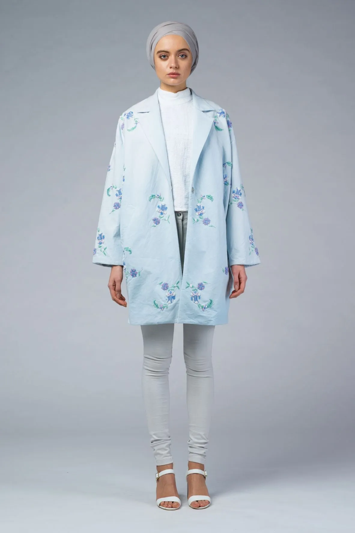 NAIA Blue Hand Embroidered Cocoon Coat - IMAIMA