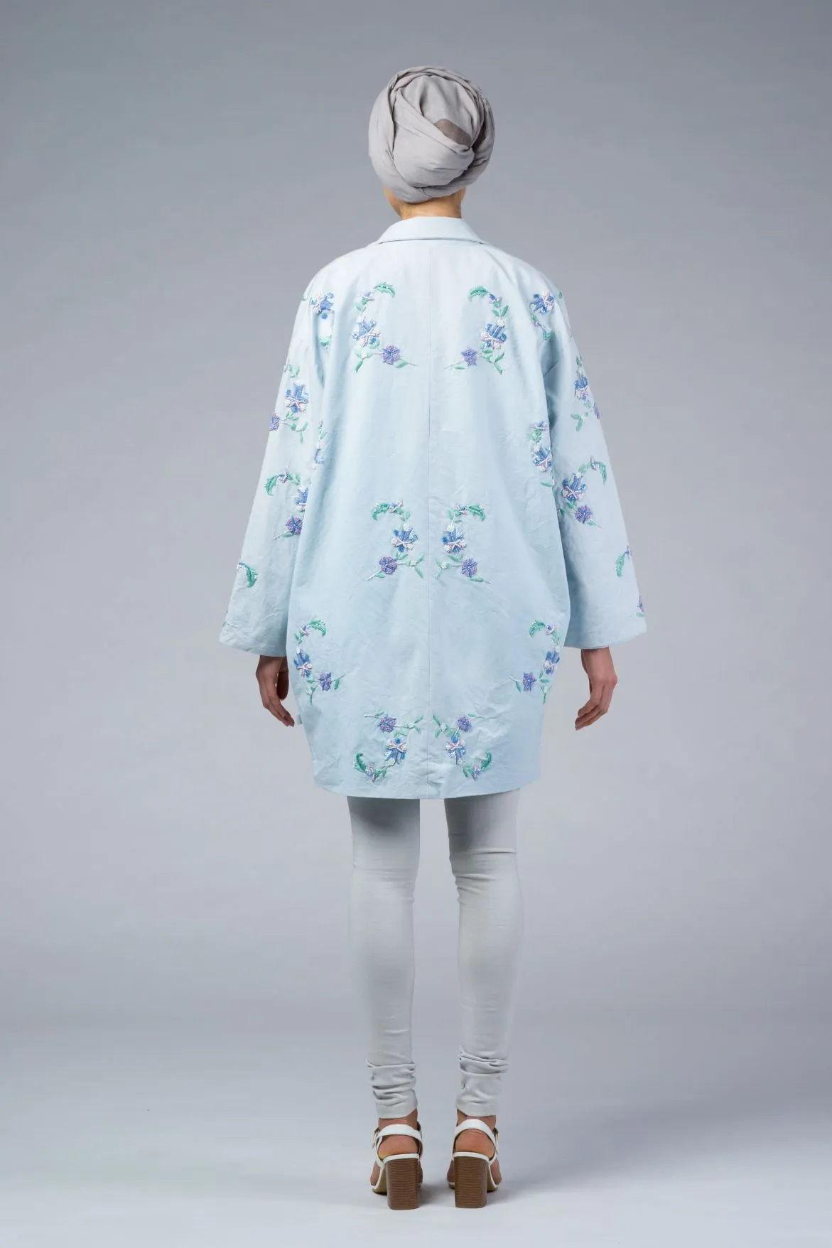 NAIA Blue Hand Embroidered Cocoon Coat - IMAIMA