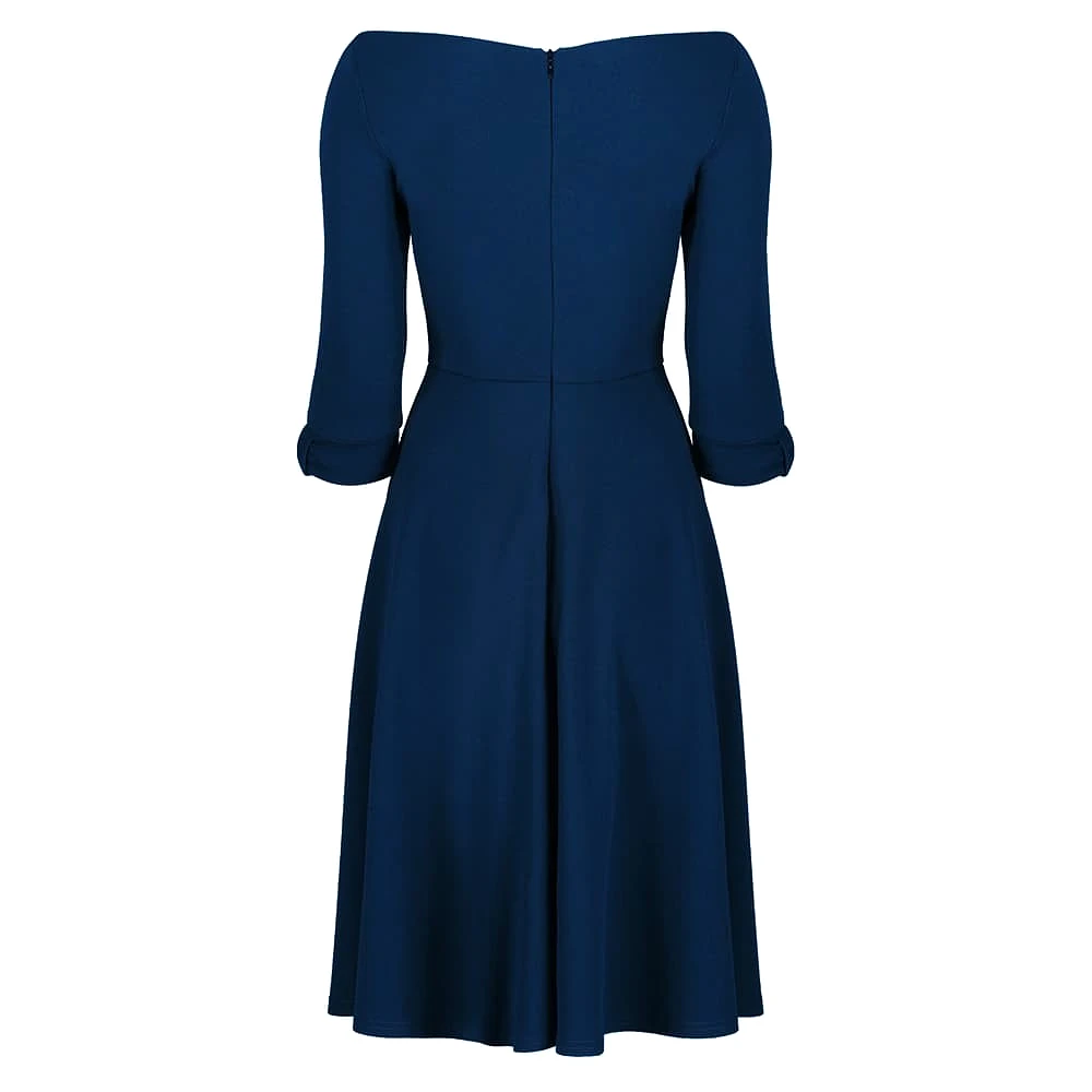 Navy Blue 3/4 Sleeve Bardot Vintage Fit And Flare Midi Dress