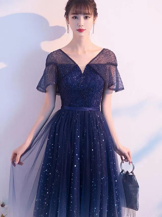 Navy Blue Gradient V-neckline Shiny Tulle A-line Prom Dress Party Dress, Blue Tulle Short Bridesmaid Dress