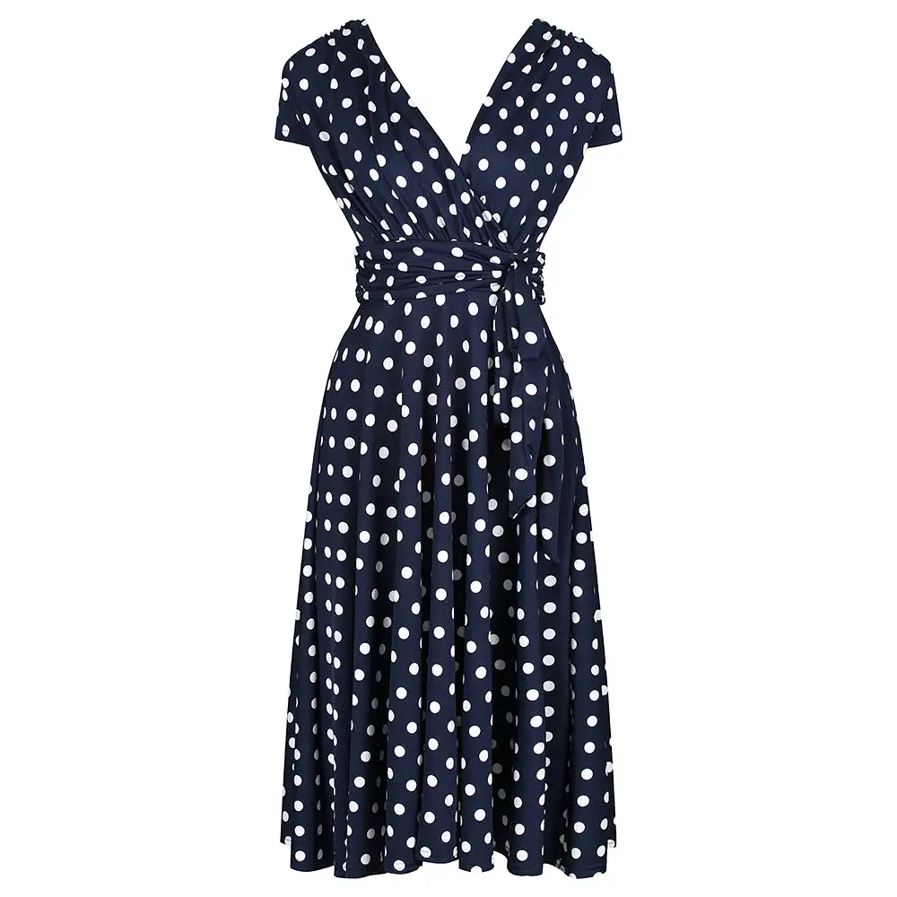 Navy Blue Polka Dot Cap Sleeve Fit And Flare Midi Dress