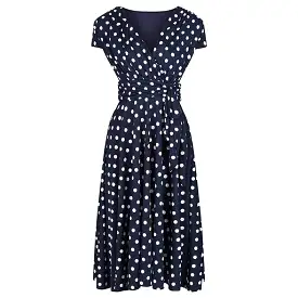 Navy Blue Polka Dot Cap Sleeve Fit And Flare Midi Dress