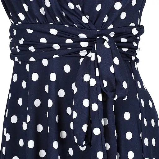 Navy Blue Polka Dot Cap Sleeve Fit And Flare Midi Dress