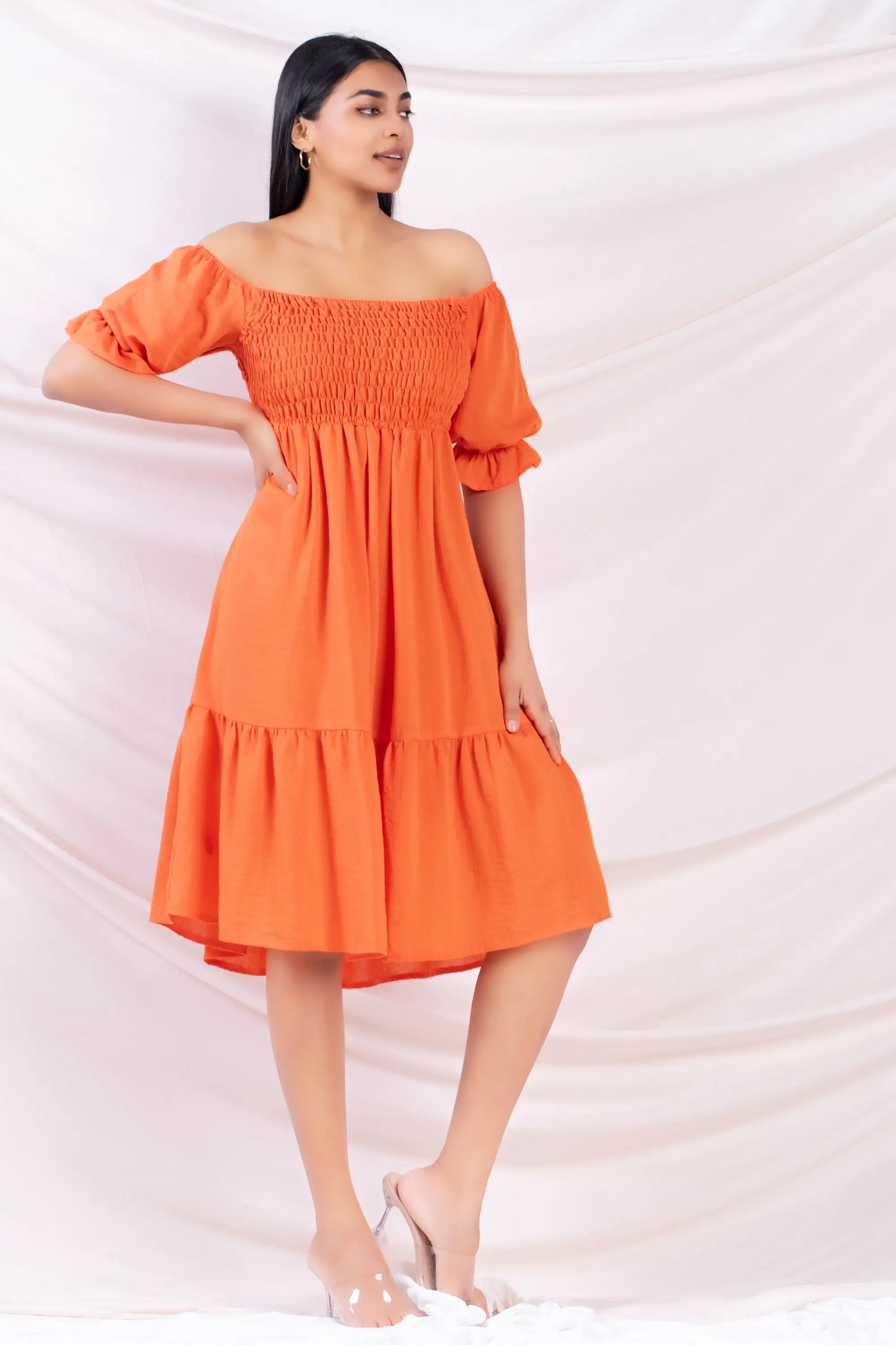 Orange Fit & Flare Midi Dress