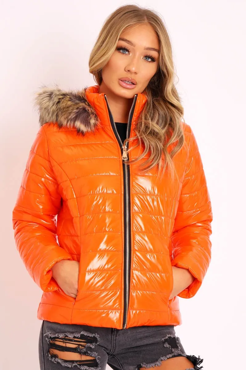 Orange Wet Look Puffer Coat - Soph