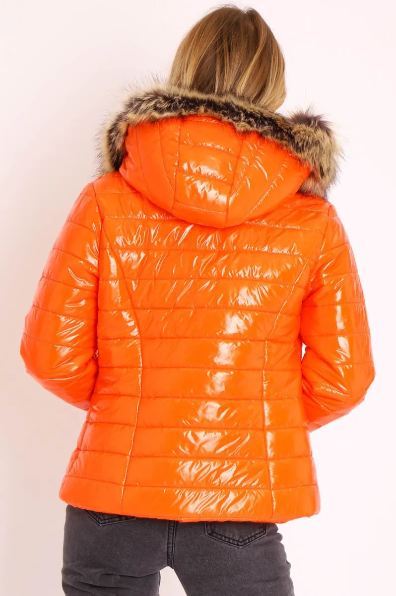 Orange Wet Look Puffer Coat - Soph