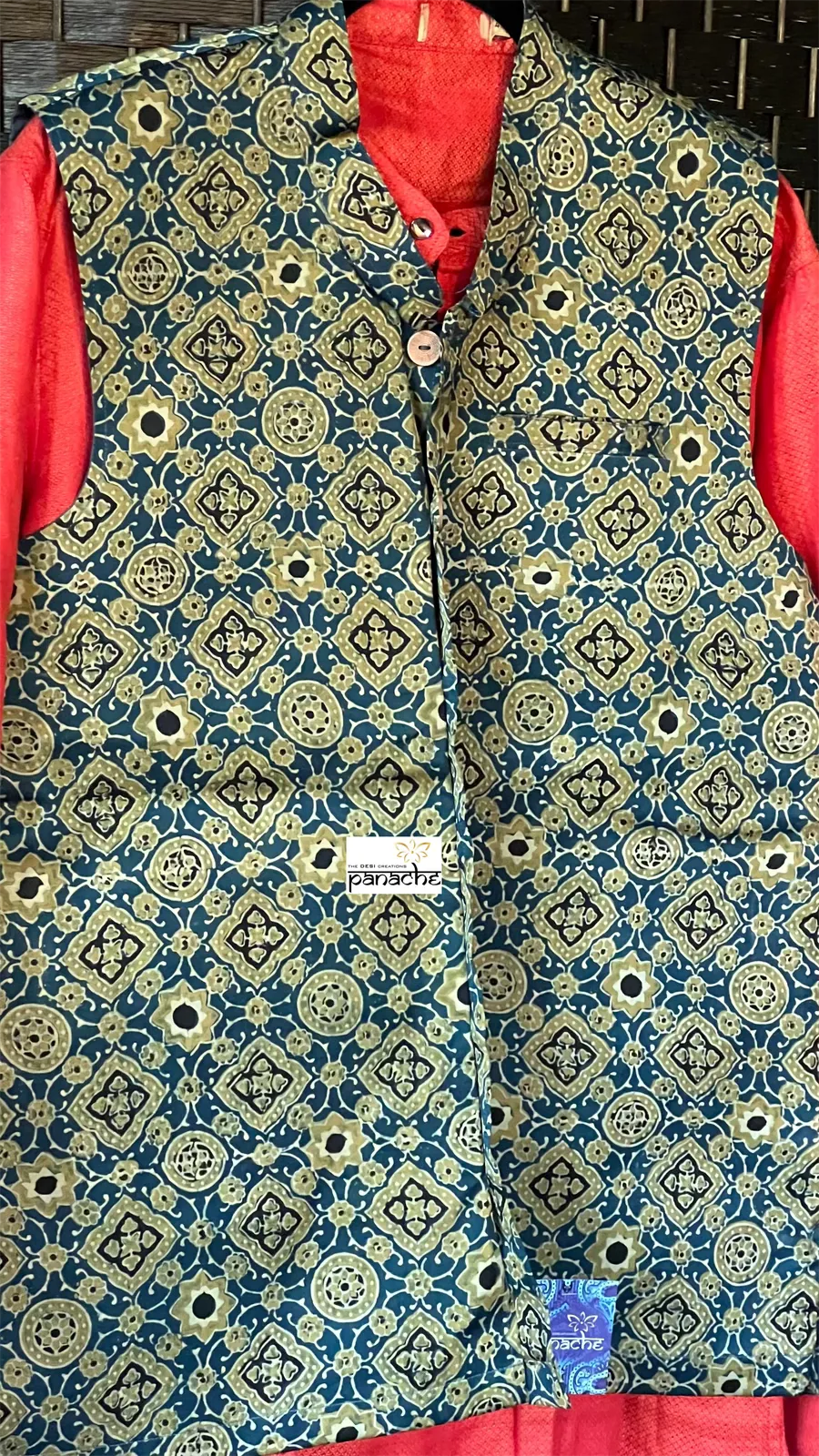 Silk Ajrakh Waist Jacket/Coat Men - Blue Grey Green M 38