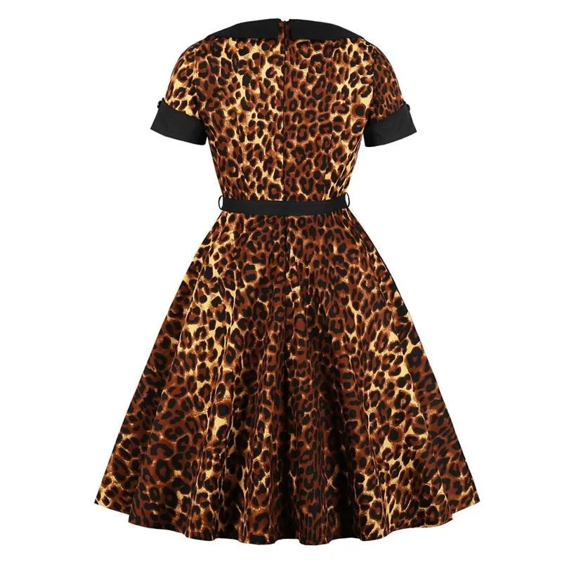 Square Collar Elegant Leopard Animal Print Belted Cotton Tunic Retro Rockabilly Party Vintage Dress