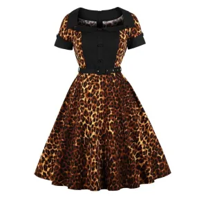 Square Collar Elegant Leopard Animal Print Belted Cotton Tunic Retro Rockabilly Party Vintage Dress