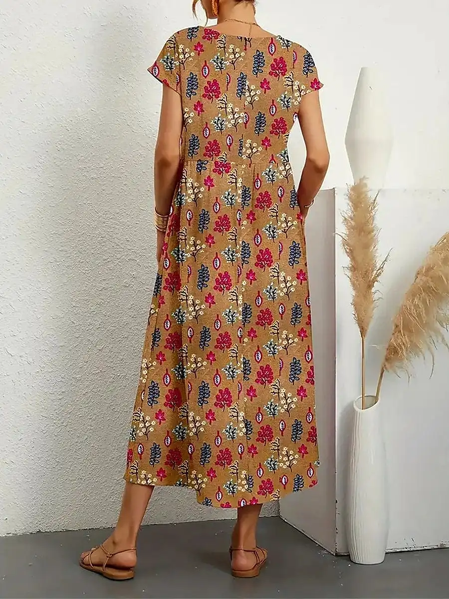 Stylish Loose-Fit Leaf Print Midi Dress for Women in Cotton Linen Blend