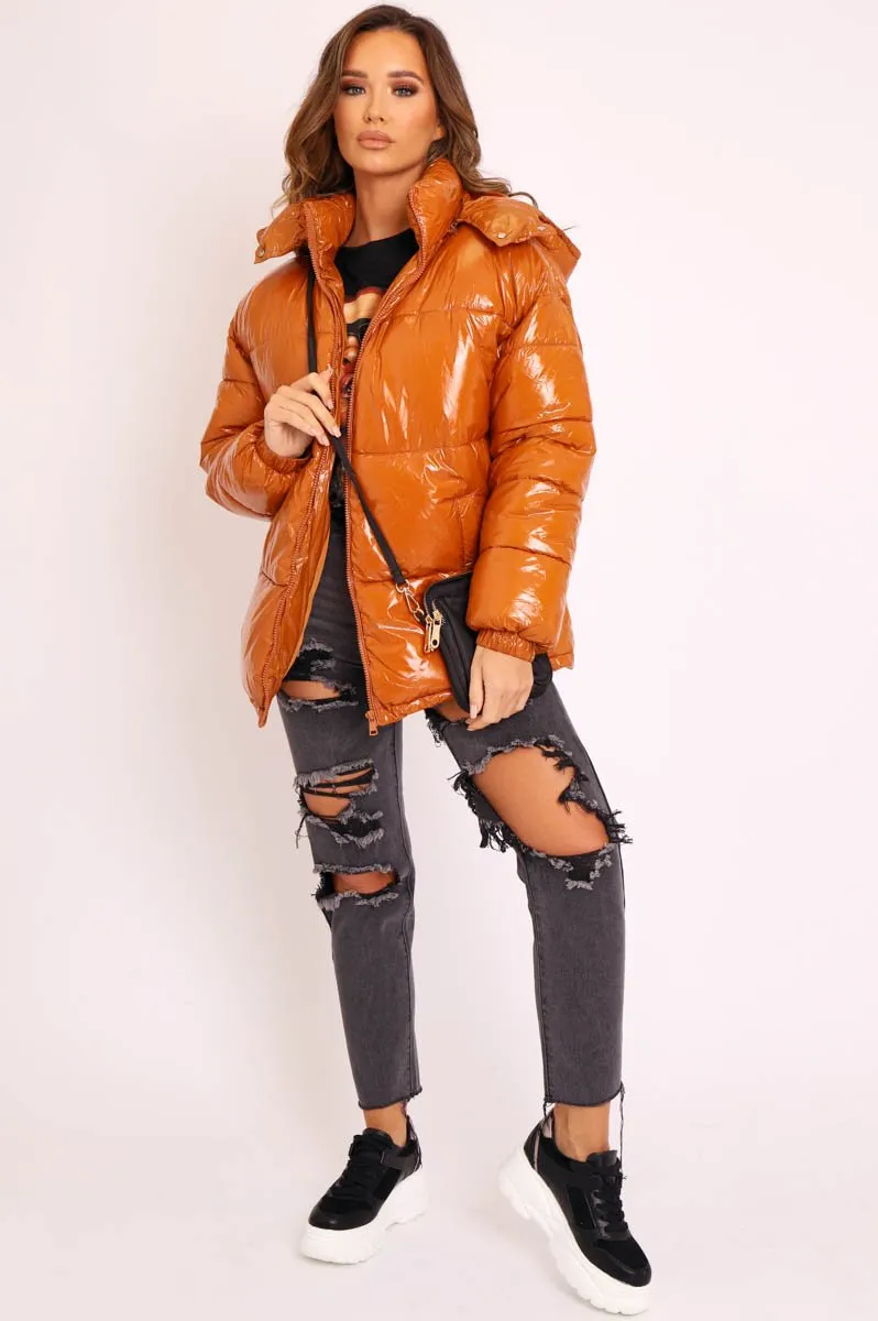 Tan Shiny Wet Look Chunky Hooded Puffer Coat - Syra