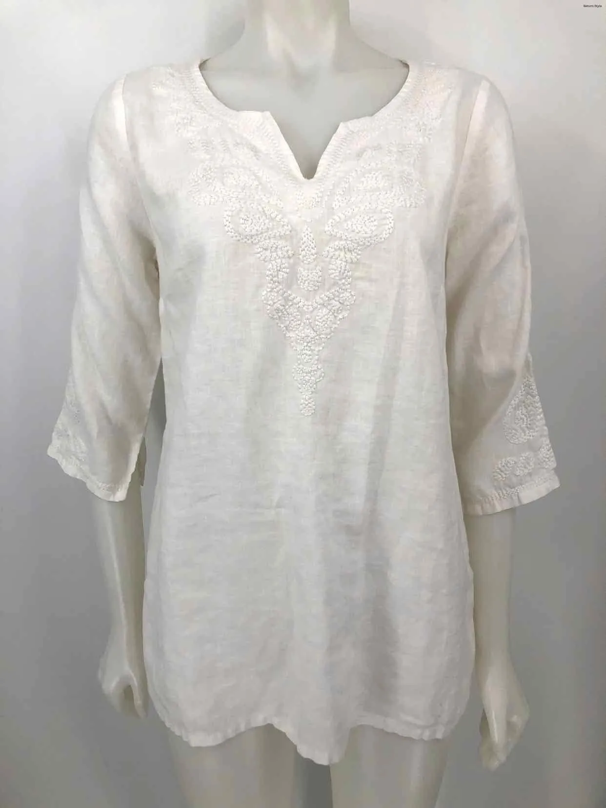 TOMMY BAHAMA White Linen Embroidered 3/4 Sleeve Size SMALL (S) Dress