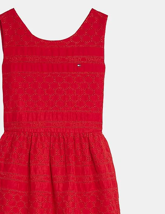 Tommy Hilfiger Kids Girls Red Sleeveless Broderie Anglaise Dress