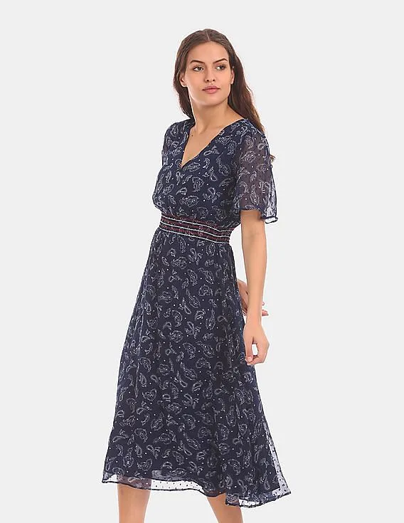 Tommy Hilfiger Women Blue Paisley Print Empire Waist Dress