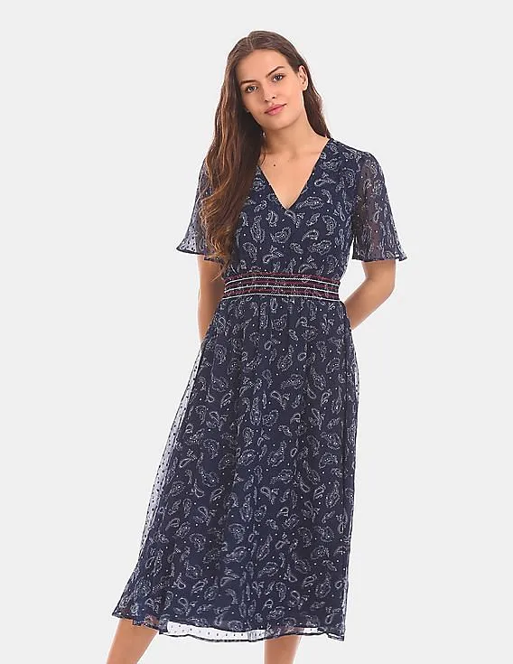 Tommy Hilfiger Women Blue Paisley Print Empire Waist Dress