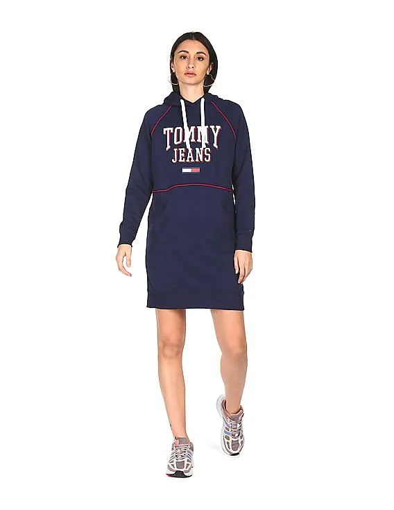 Tommy Hilfiger Women Navy Raglan Sleeve Brand Print Hooded Dress