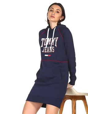 Tommy Hilfiger Women Navy Raglan Sleeve Brand Print Hooded Dress