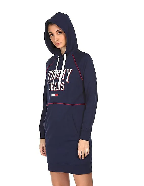 Tommy Hilfiger Women Navy Raglan Sleeve Brand Print Hooded Dress