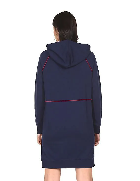 Tommy Hilfiger Women Navy Raglan Sleeve Brand Print Hooded Dress