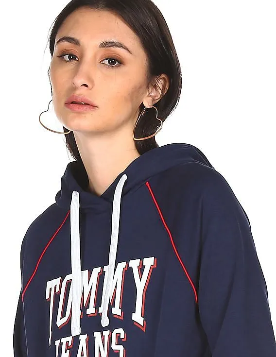 Tommy Hilfiger Women Navy Raglan Sleeve Brand Print Hooded Dress