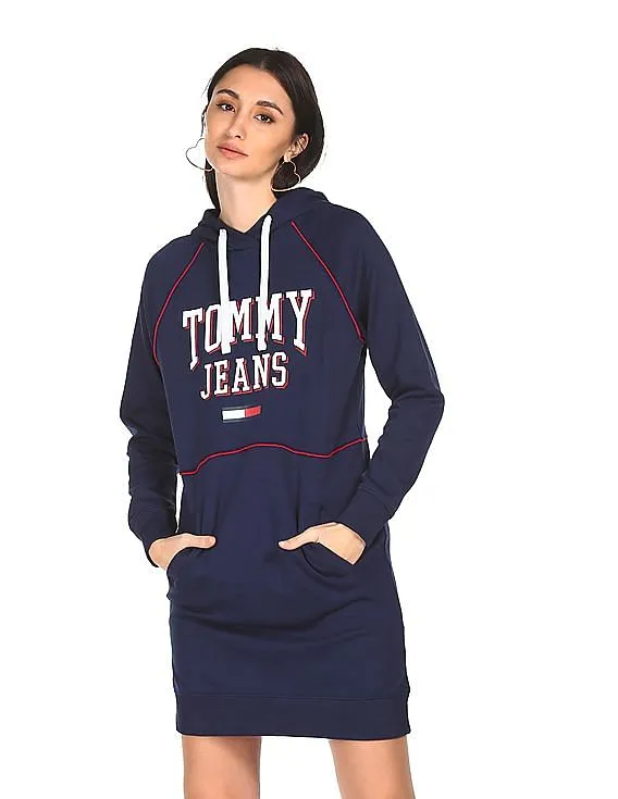 Tommy Hilfiger Women Navy Raglan Sleeve Brand Print Hooded Dress