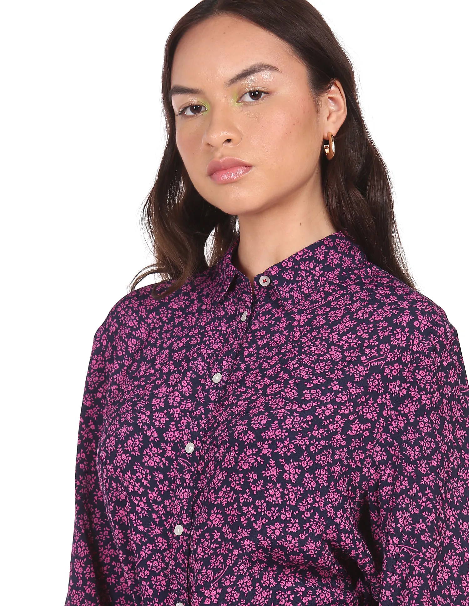 Tommy Hilfiger Women Pink And Navy Floral Print Belted Shirt Dress