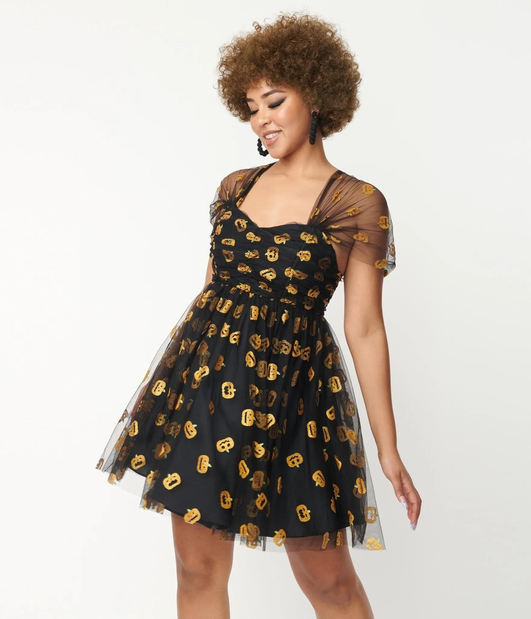 Unique Vintage Black & Pumpkin Print Babydoll Dress