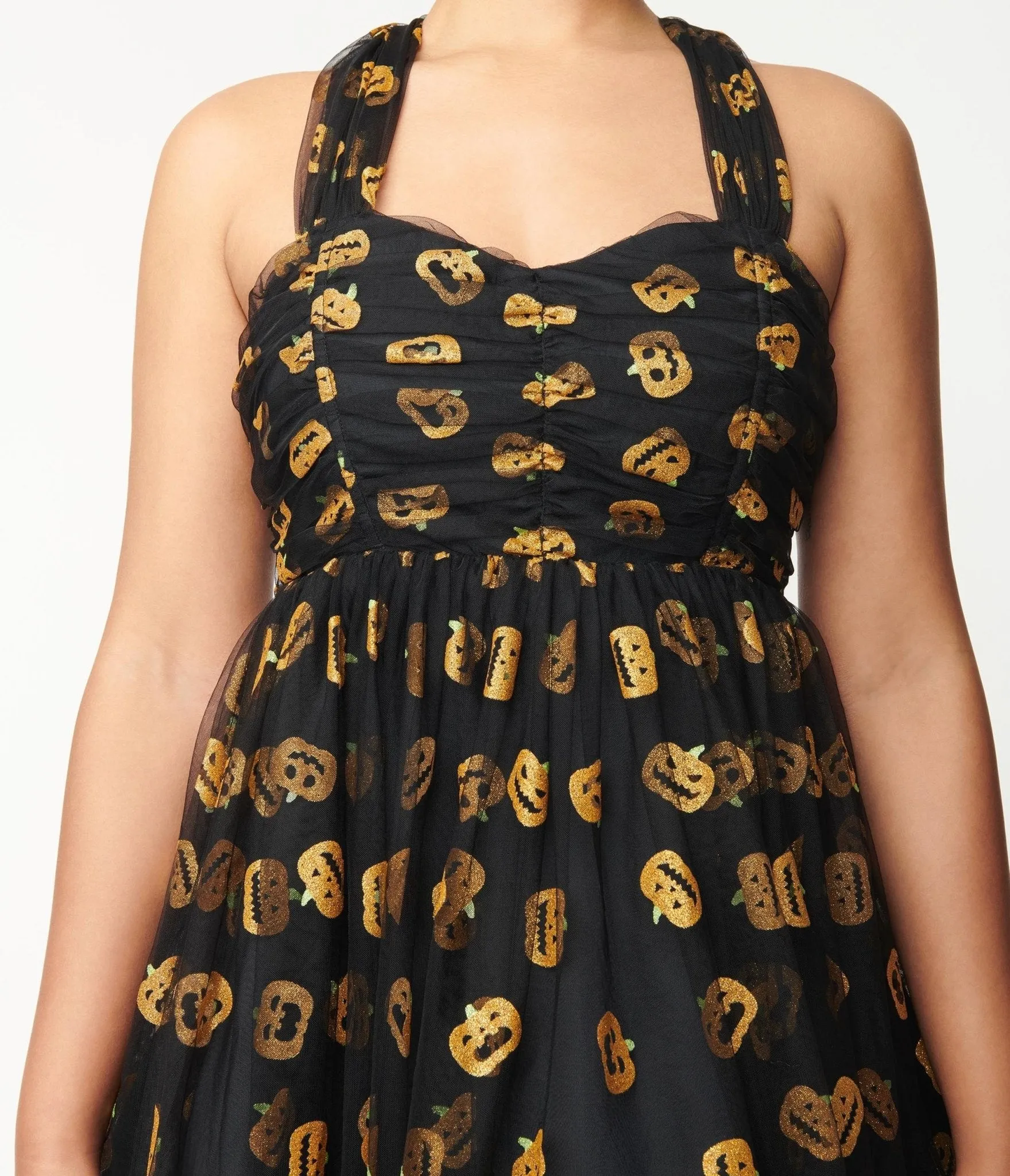 Unique Vintage Black & Pumpkin Print Babydoll Dress