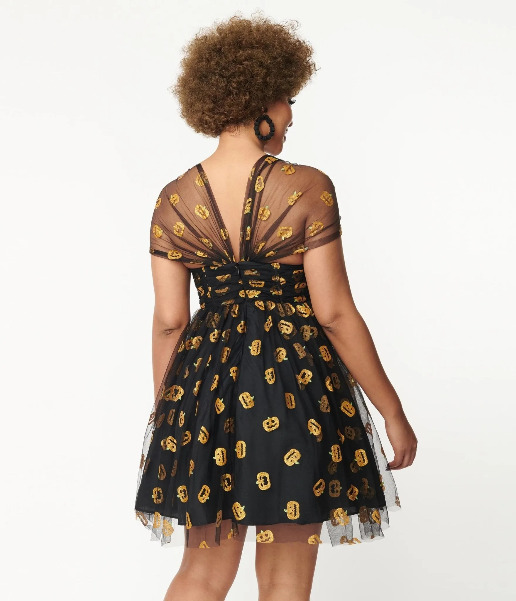 Unique Vintage Black & Pumpkin Print Babydoll Dress