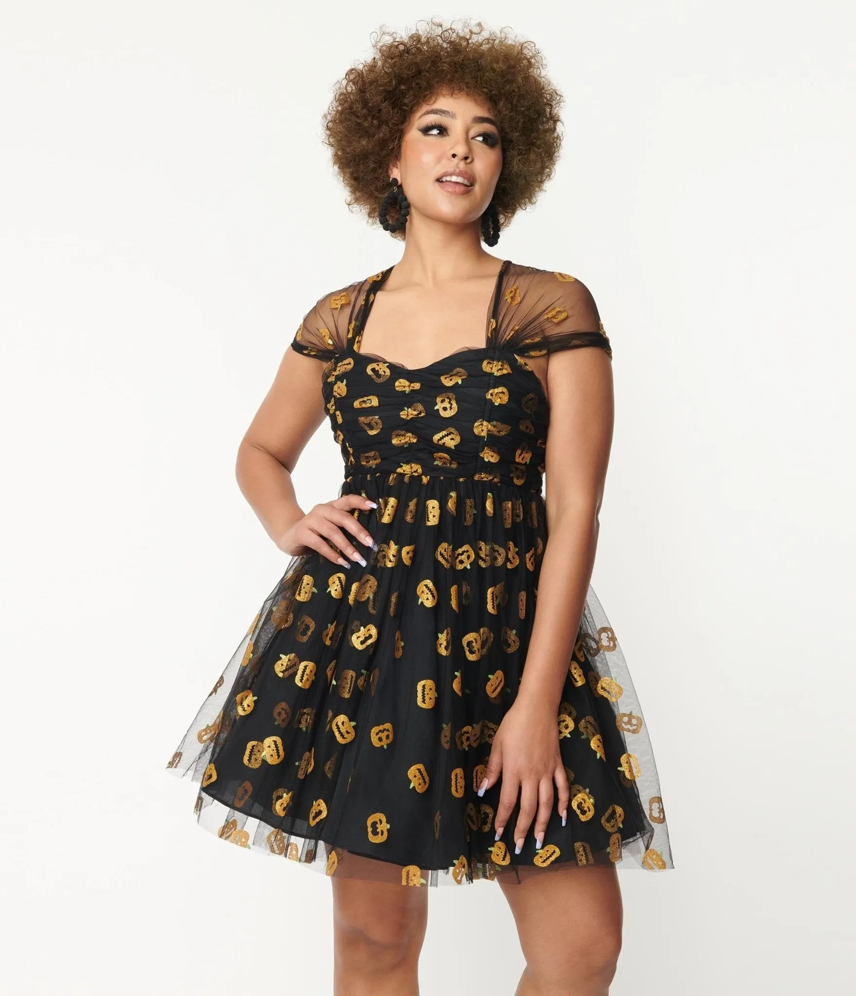 Unique Vintage Black & Pumpkin Print Babydoll Dress