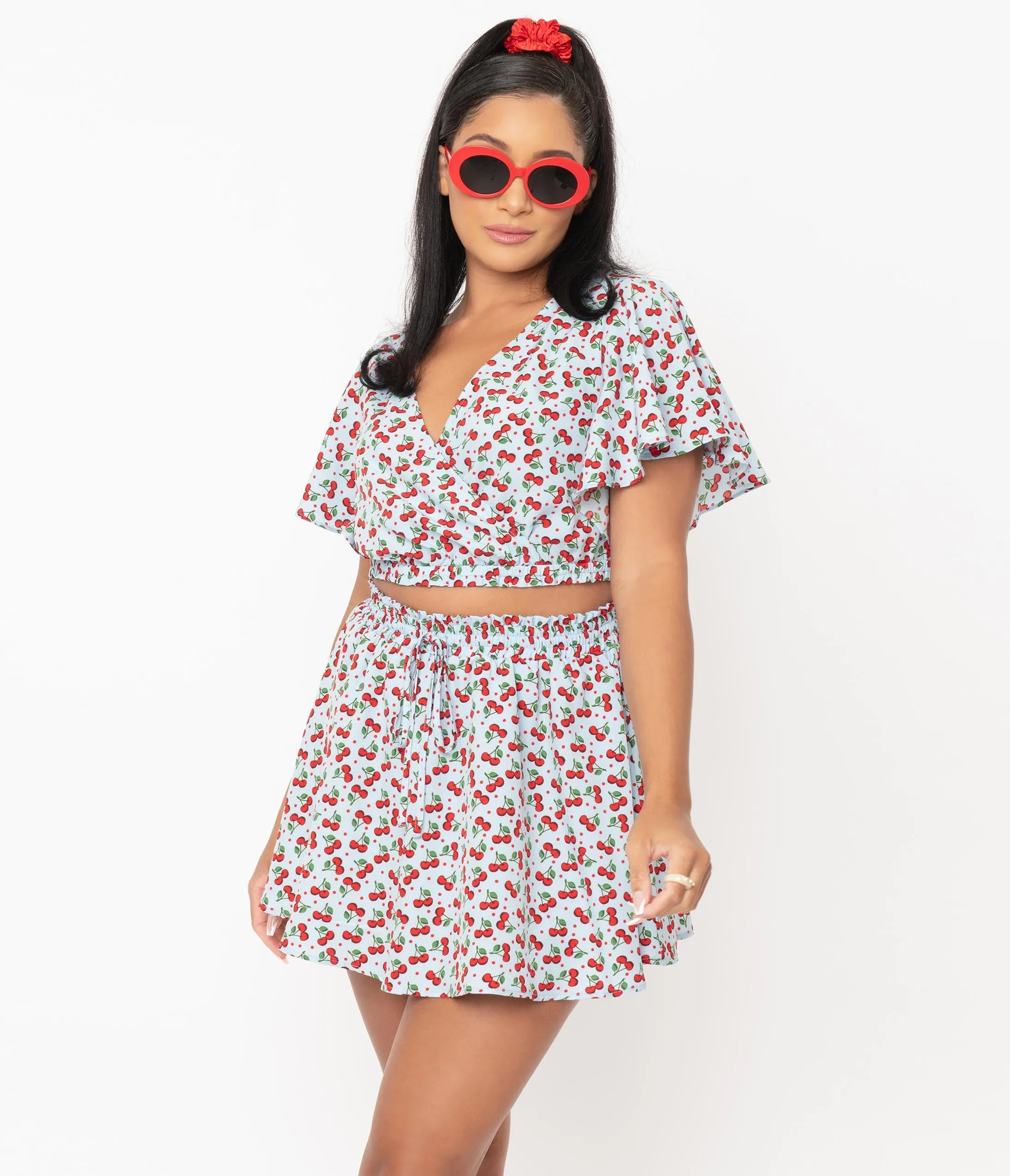 Unique Vintage Blue & Red Cherry Print Dottie Crop Top