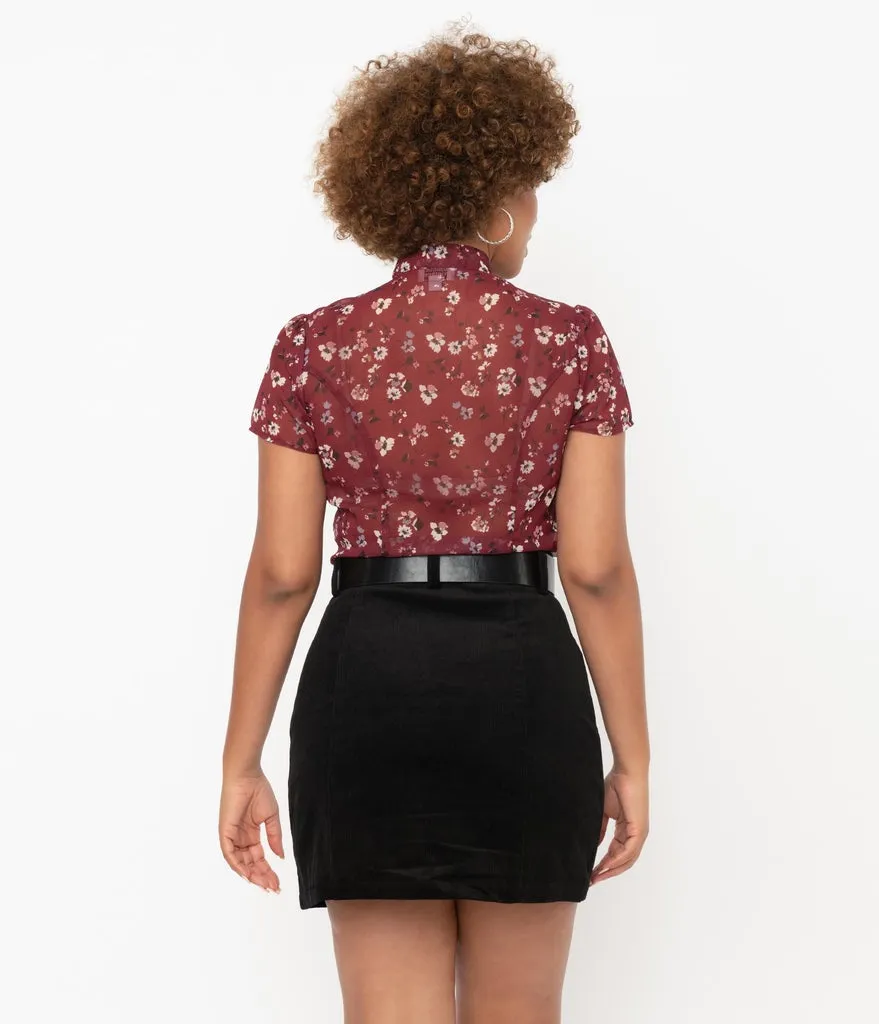 Unique Vintage Burgundy & Ivory Floral Print Elsie Blouse