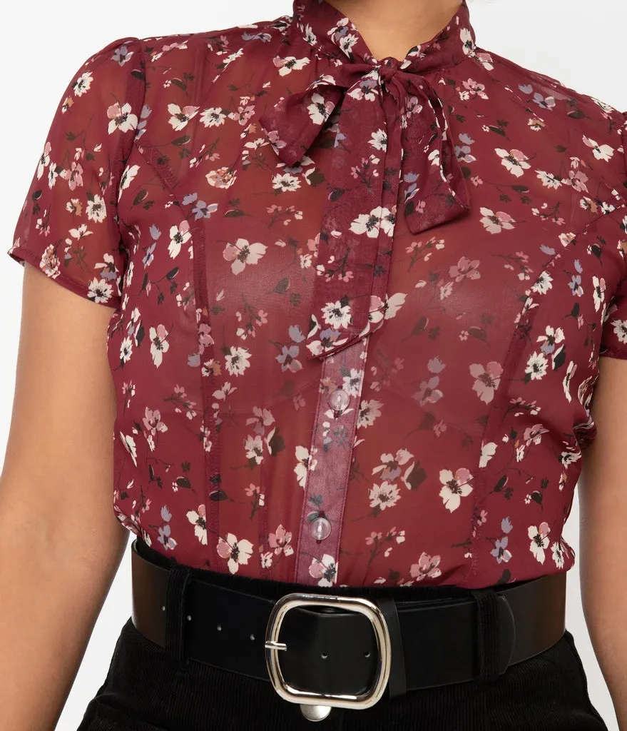 Unique Vintage Burgundy & Ivory Floral Print Elsie Blouse