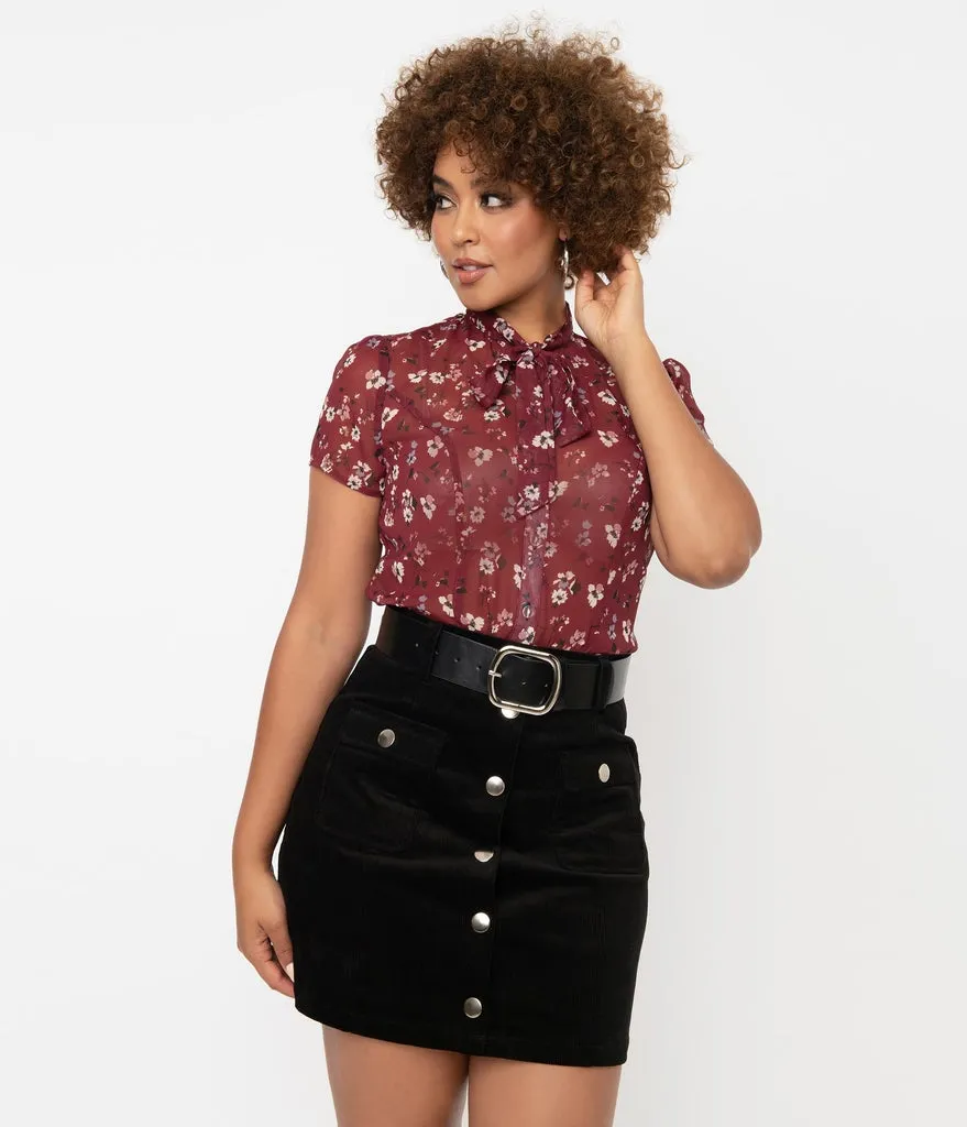 Unique Vintage Burgundy & Ivory Floral Print Elsie Blouse