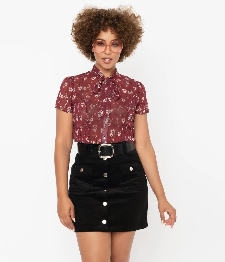 Unique Vintage Burgundy & Ivory Floral Print Elsie Blouse