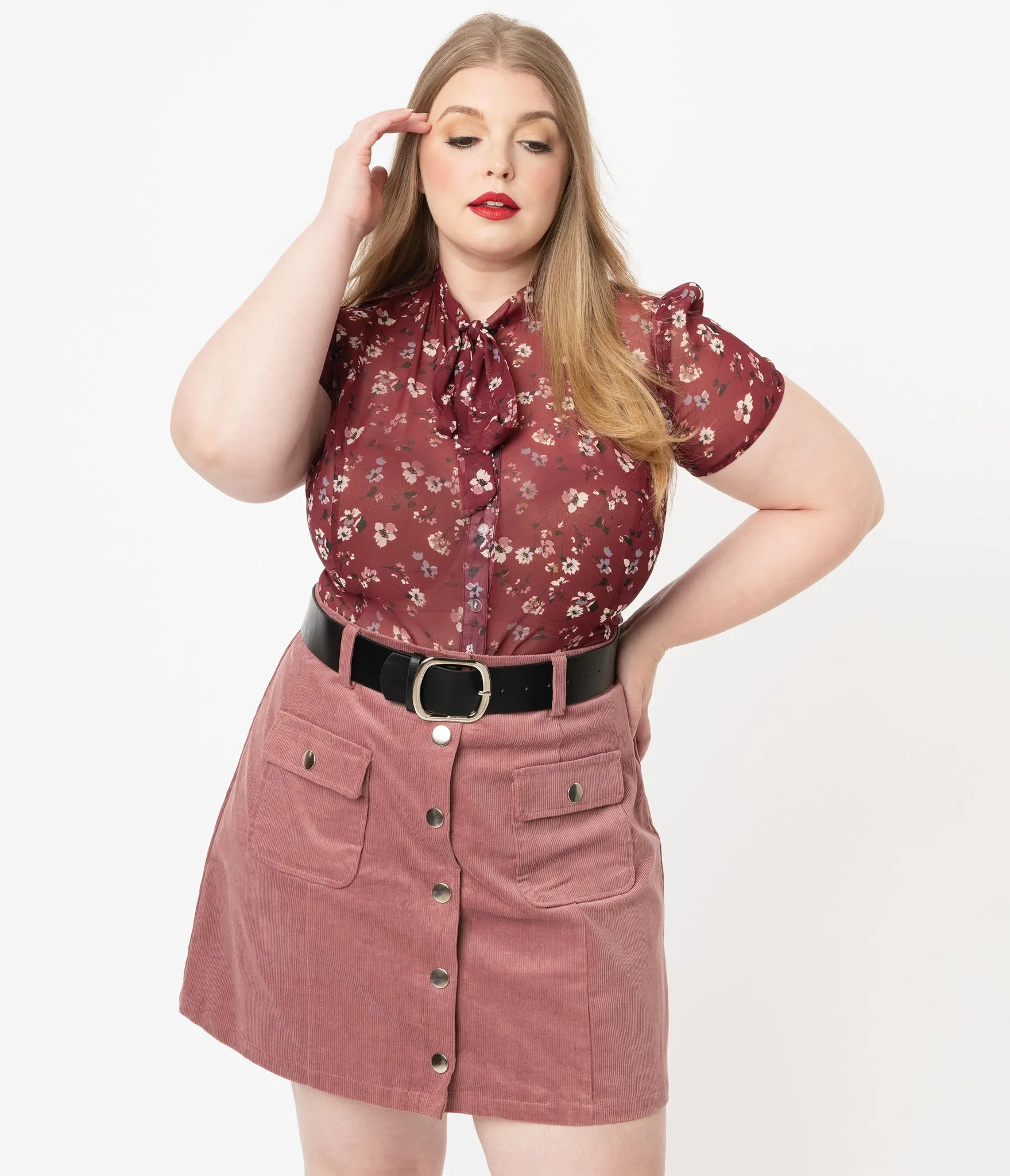 Unique Vintage Burgundy & Ivory Floral Print Elsie Blouse