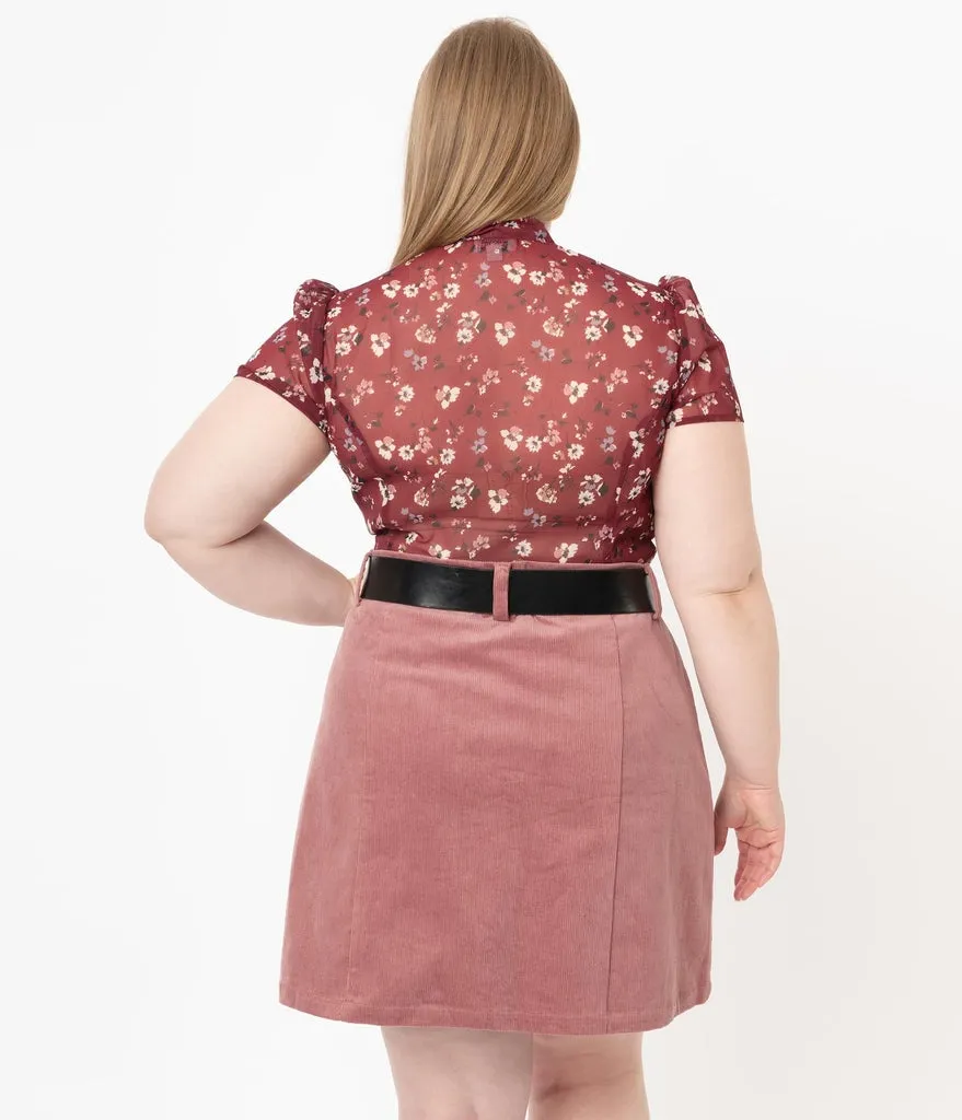 Unique Vintage Burgundy & Ivory Floral Print Elsie Blouse