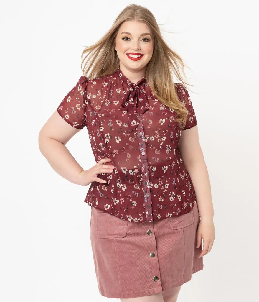 Unique Vintage Burgundy & Ivory Floral Print Elsie Blouse