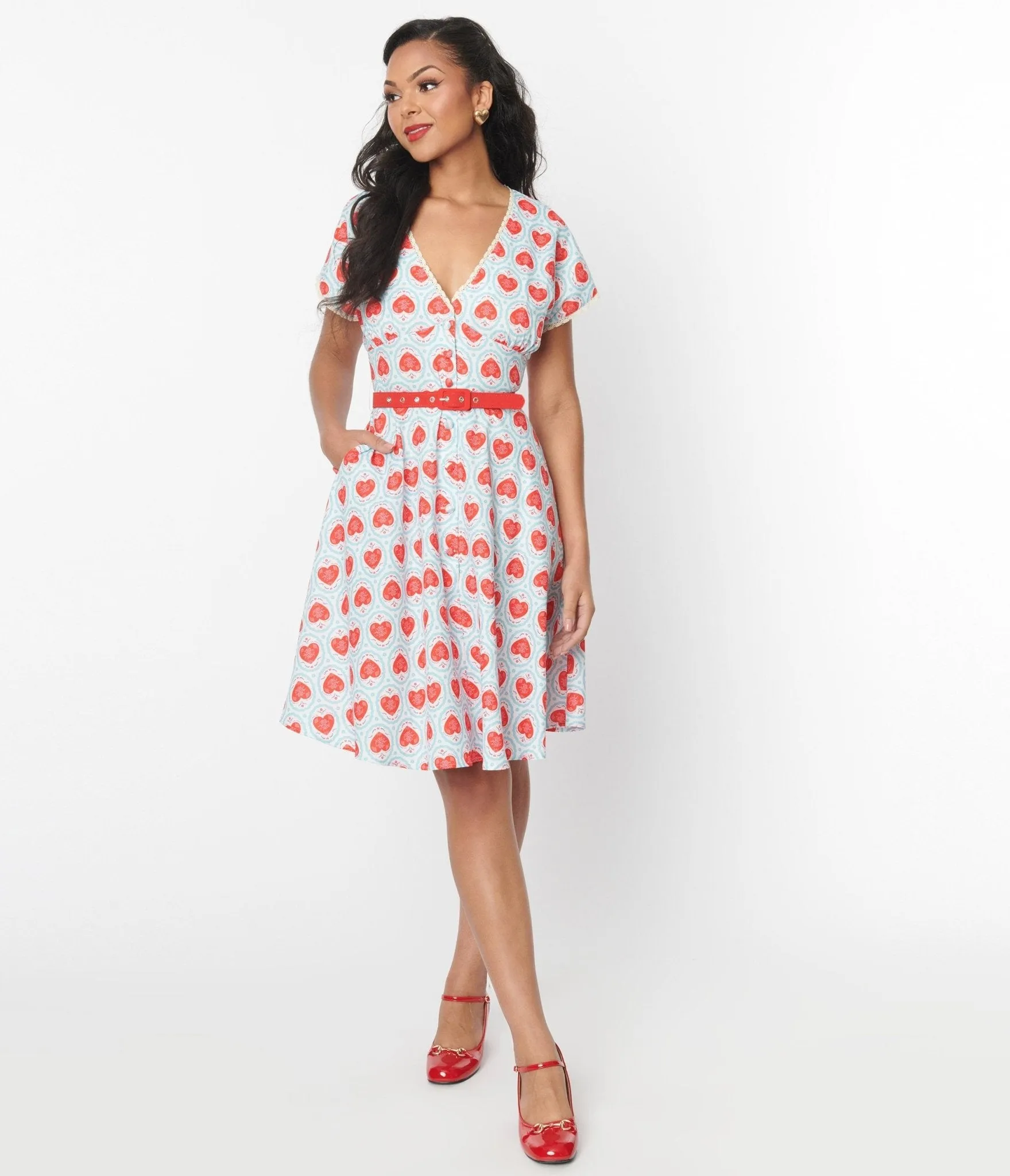 Unique Vintage Framed Hearts Print Swing Dress