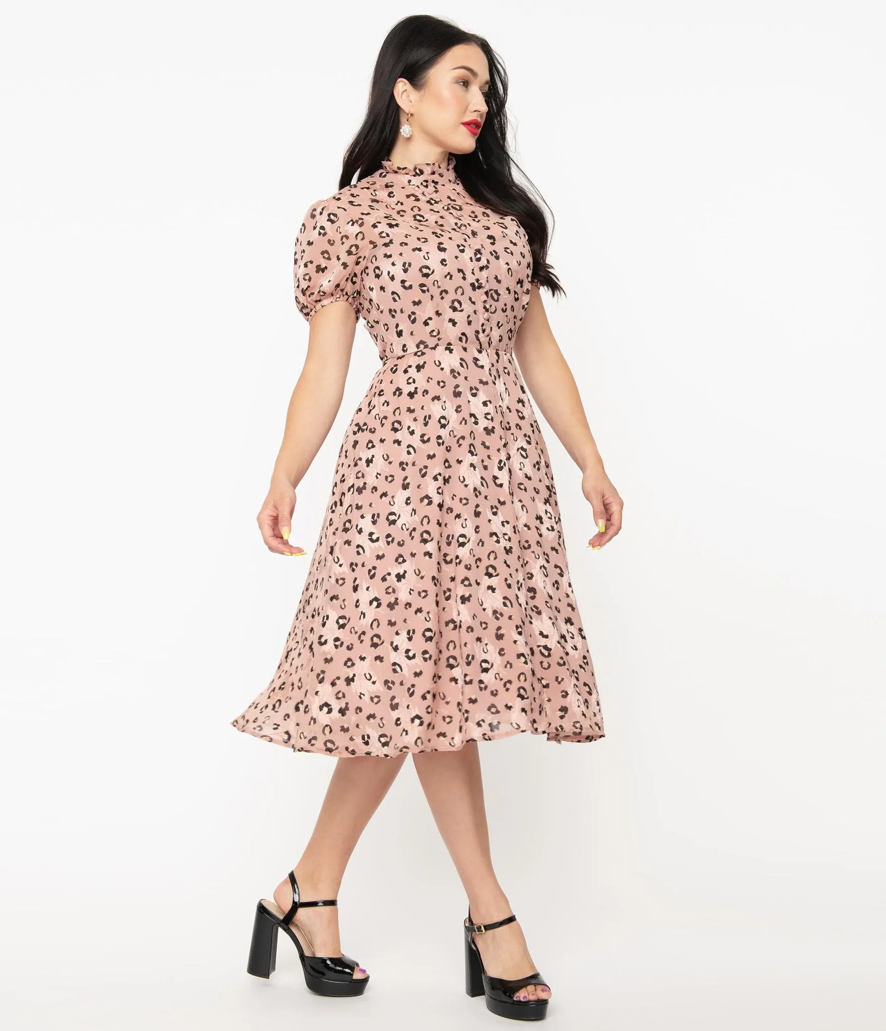 Unique Vintage Pink & Leopard Print Leota Swing Dress