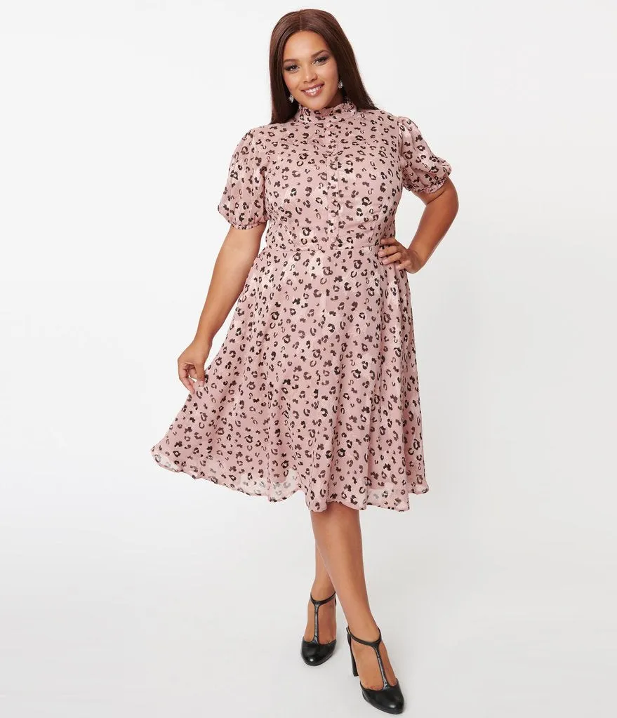 Unique Vintage Pink & Leopard Print Leota Swing Dress