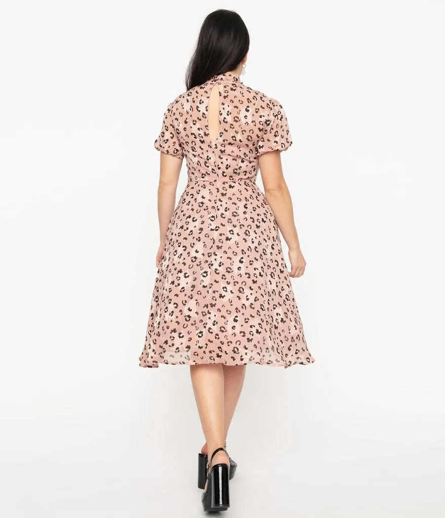 Unique Vintage Pink & Leopard Print Leota Swing Dress